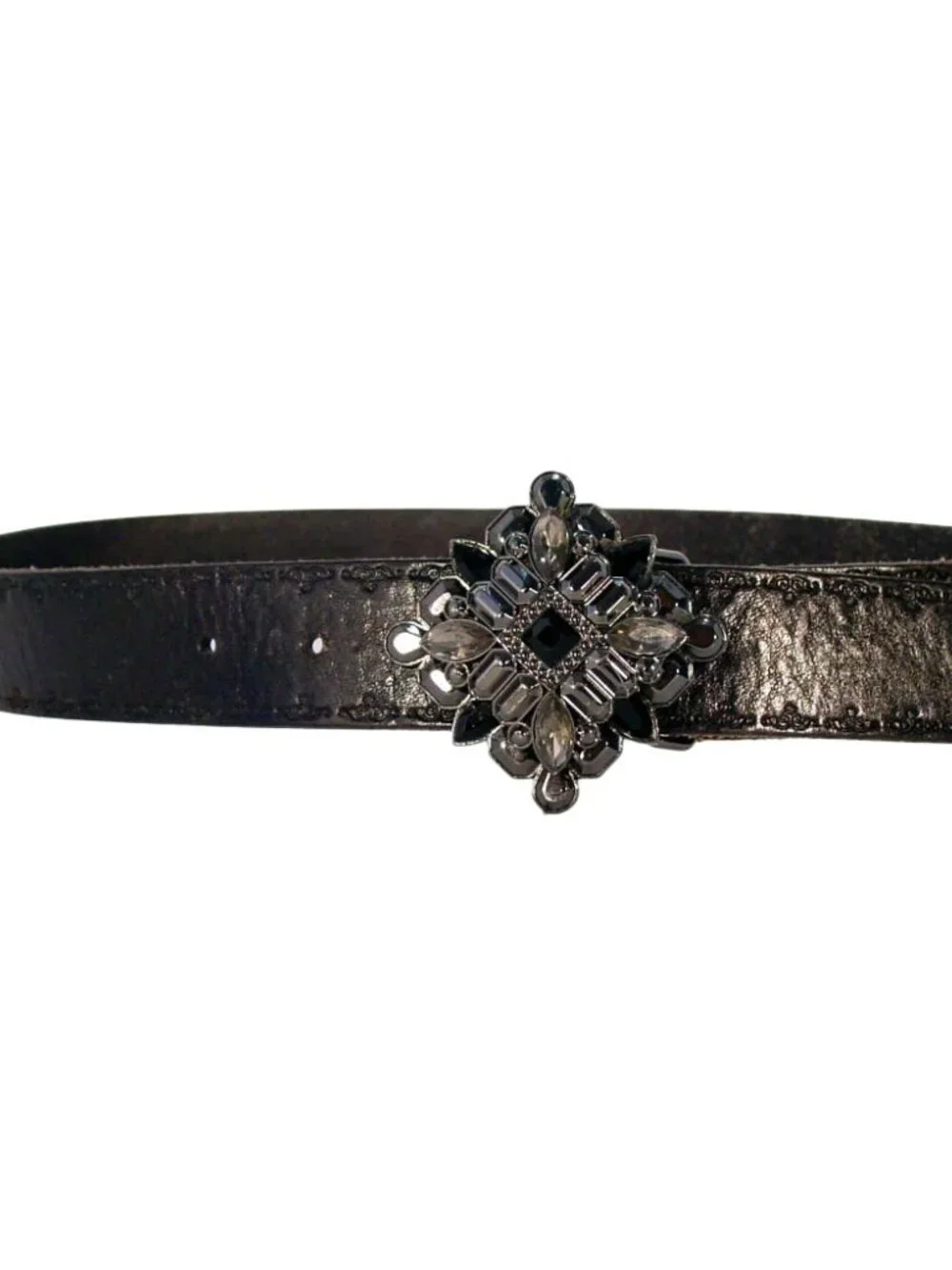 FOSSIL Tooled Leather Belt Black/Gunmetal/Smoky Crystal Buckle Women's M - Picture 7 of 7